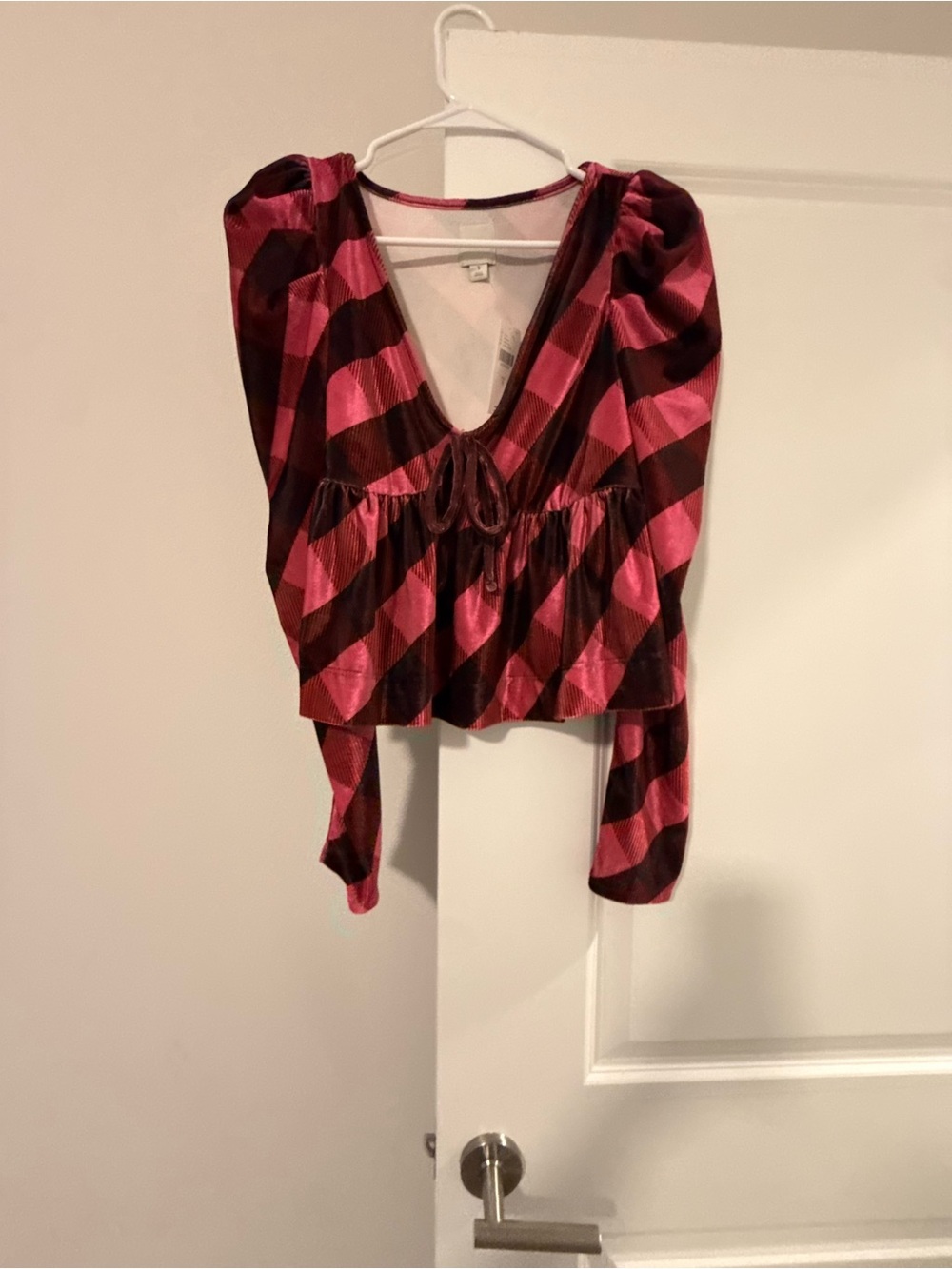 Anthropologie Pink and Black Plaid Tie-Front Crop Top